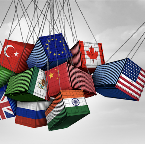 shipping containers with countries flags on them